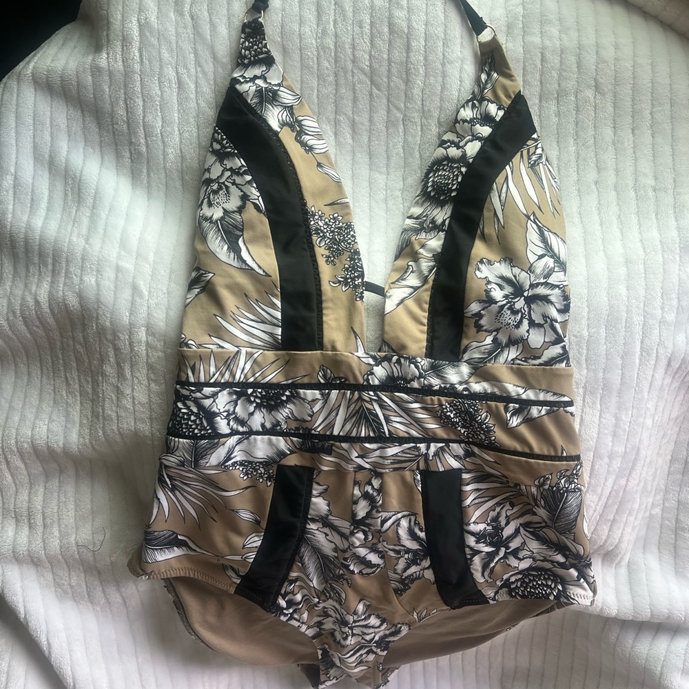 Floral Halter One Piece Swimsuit - Black and Tan